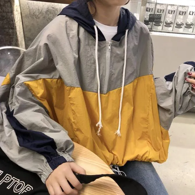 Windbreaker Color Block Hooded Oversized Bomber Jacket