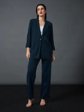 Women Airforce Blue Longline Blazer With Darted Pants