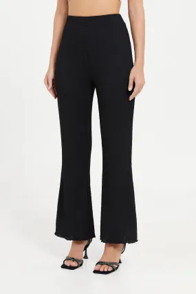 Women BlackTextured Flare Leg Trouser