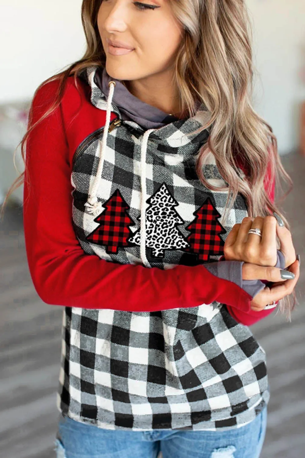 Women Christmas Tree Plaid Pattern Asymmetric Zip Hoodie Long Sleeve T-Shirt Tops