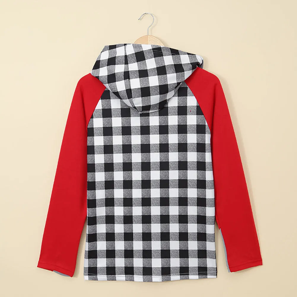 Women Christmas Tree Plaid Pattern Asymmetric Zip Hoodie Long Sleeve T-Shirt Tops