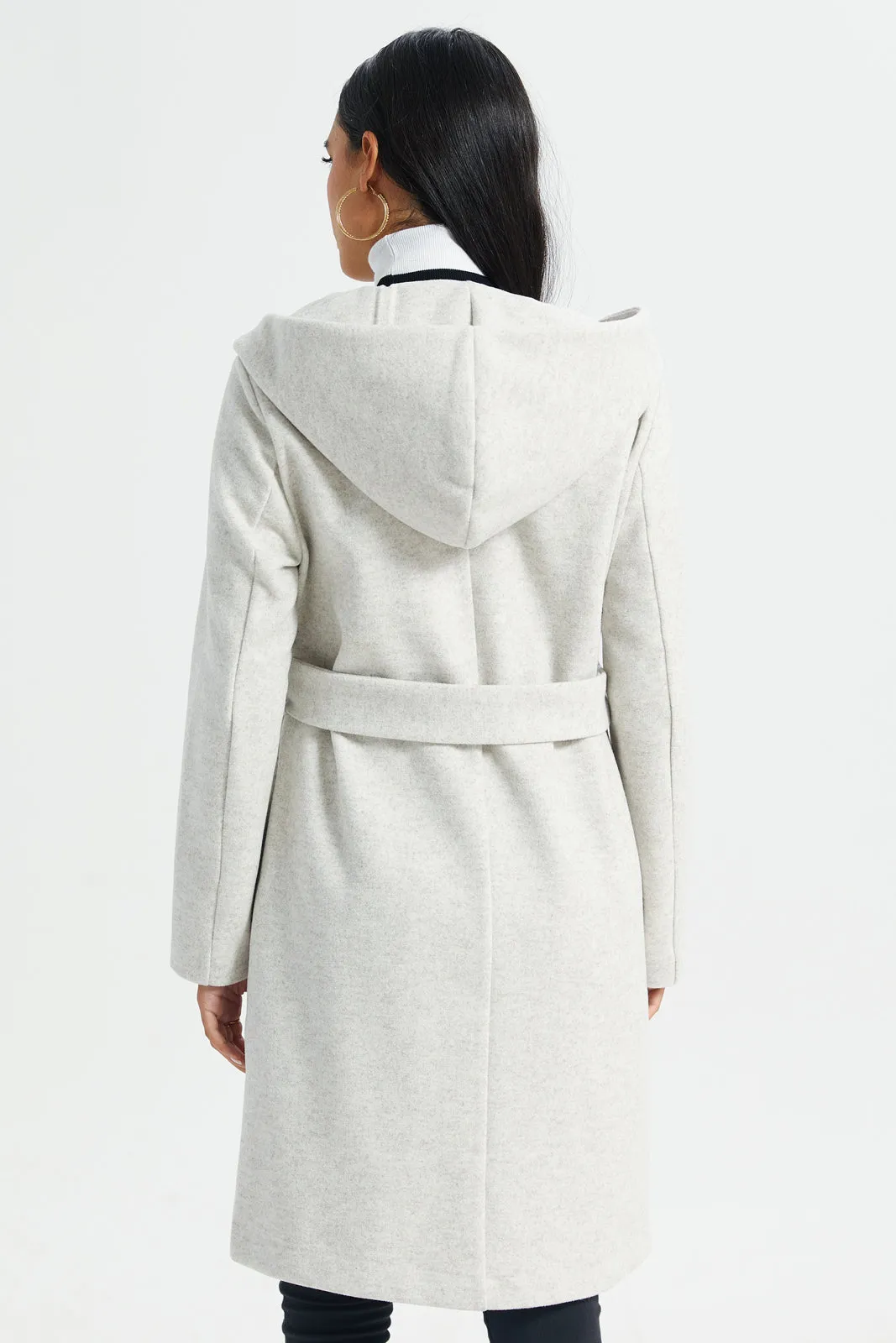 Women Ivory Hooded Belted Jacket