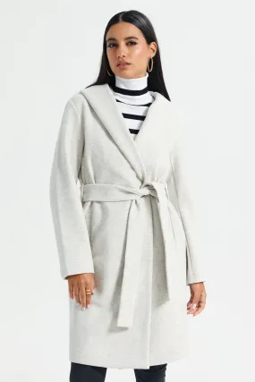 Women Ivory Hooded Belted Jacket