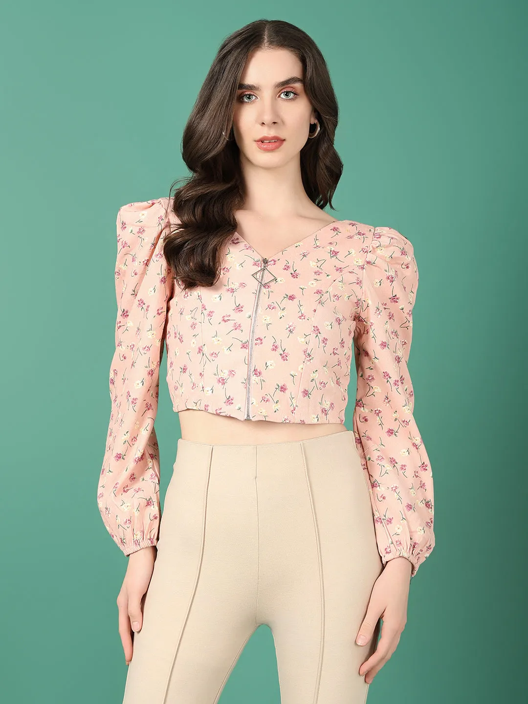 Women Pink Floral Crop Top