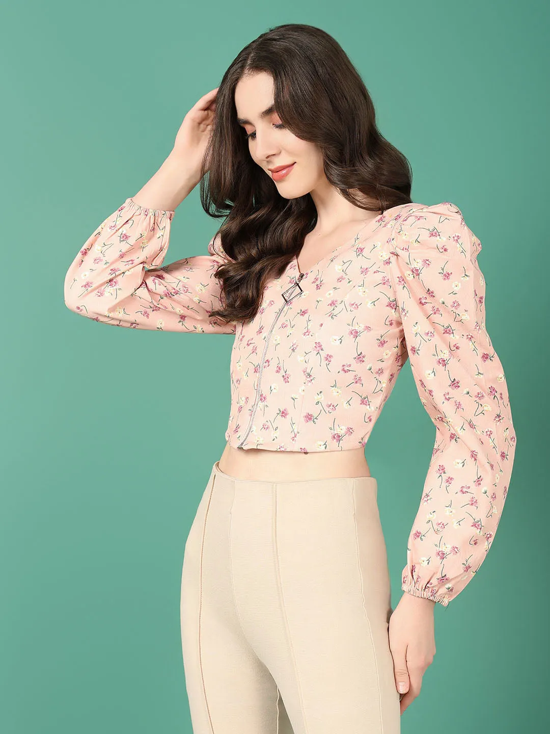 Women Pink Floral Crop Top