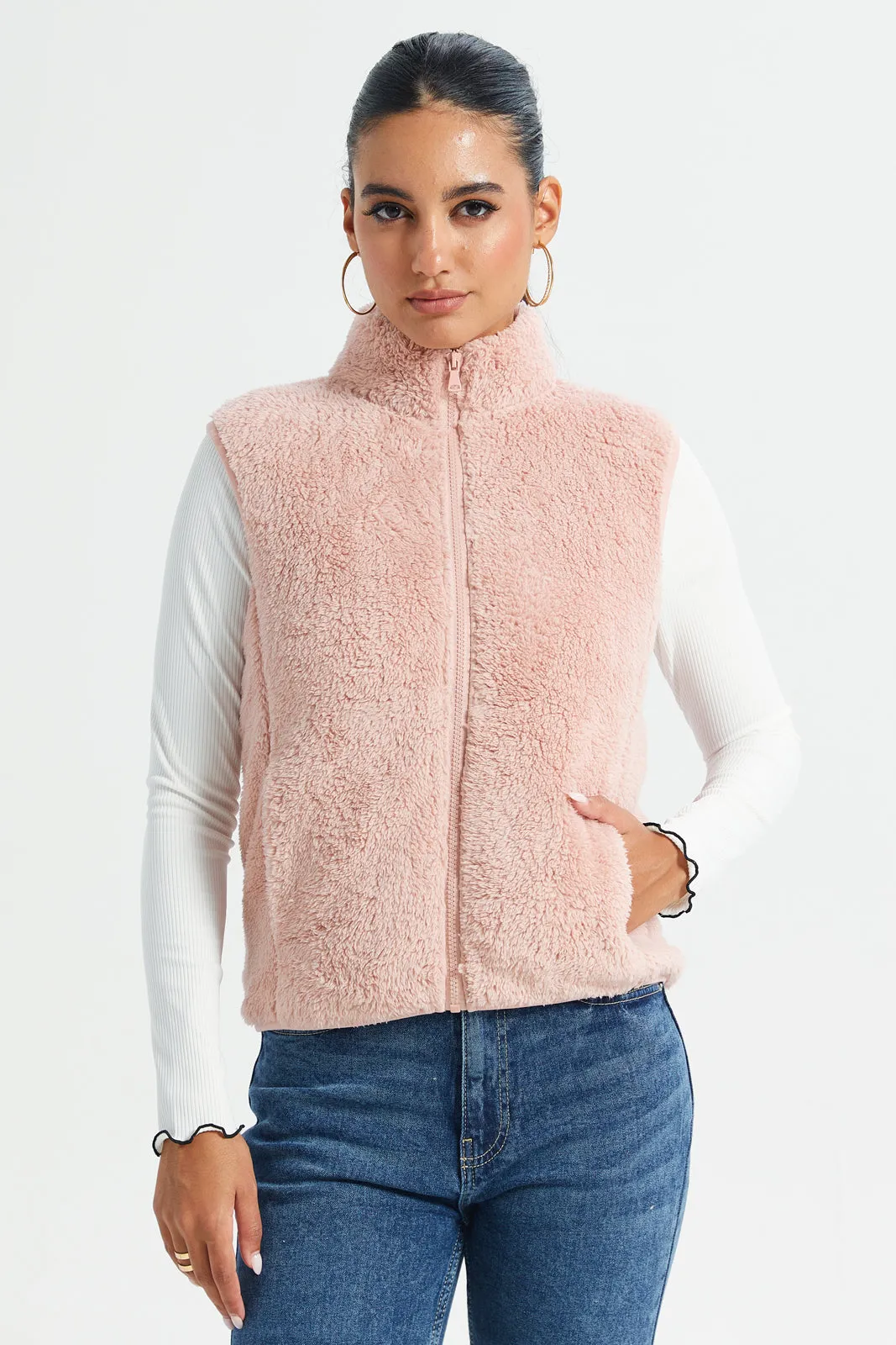 Women Pink High Neck Sleeveless Fur Jacket