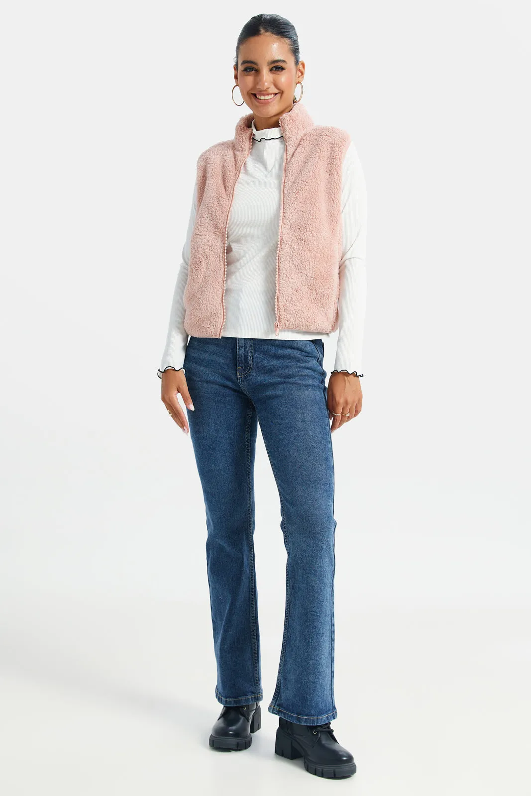 Women Pink High Neck Sleeveless Fur Jacket