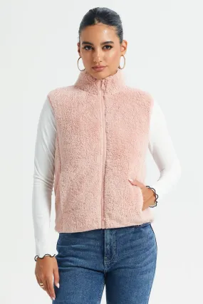 Women Pink High Neck Sleeveless Fur Jacket