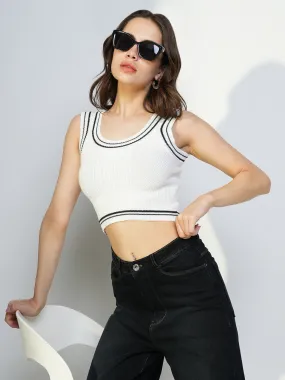 Women White Solid Tank Crop Top