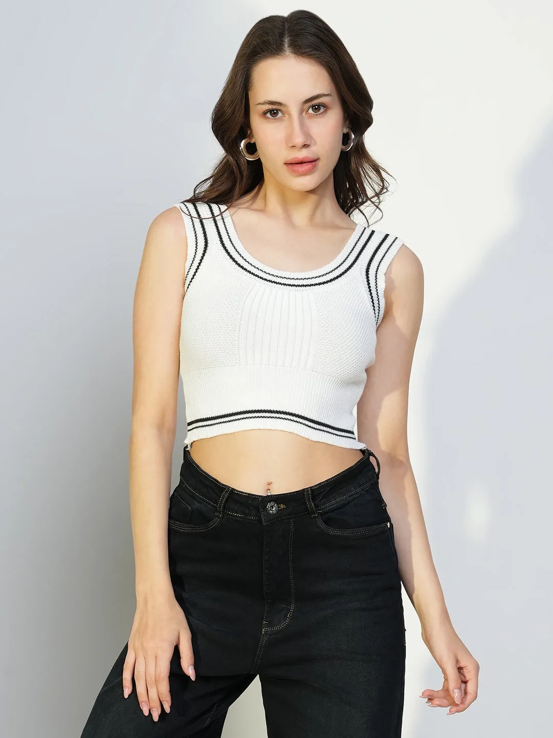 Women White Solid Tank Crop Top