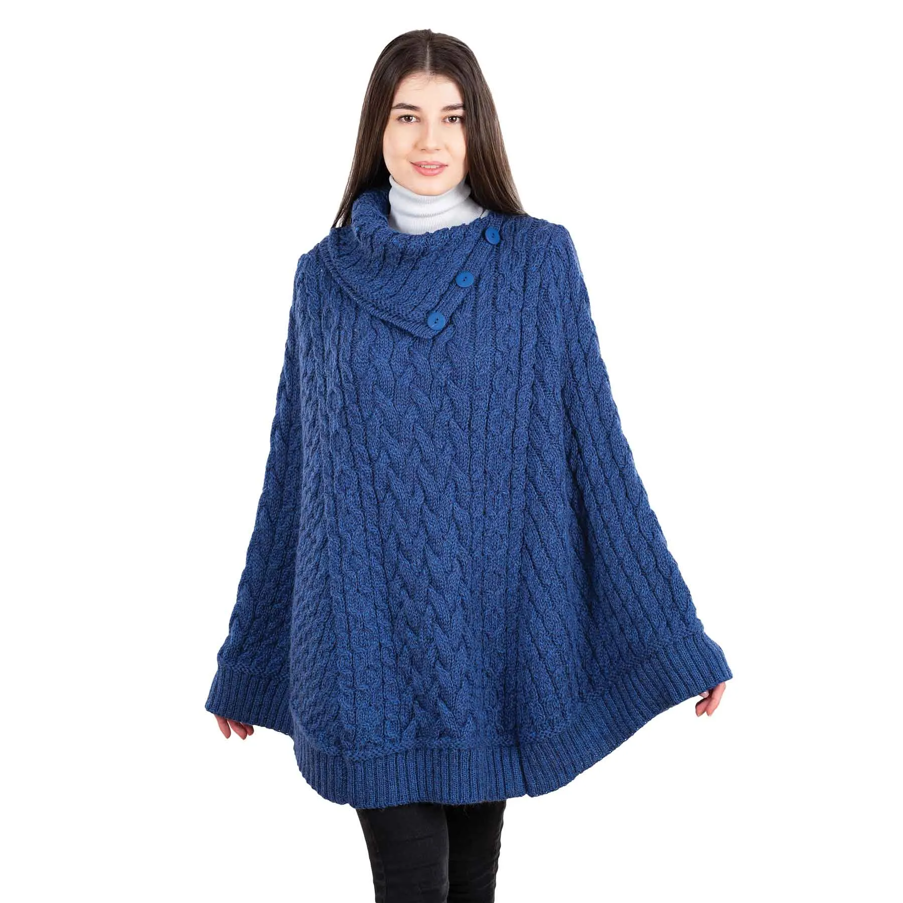 Women's Cowl Neck Button Poncho, Marl Blue