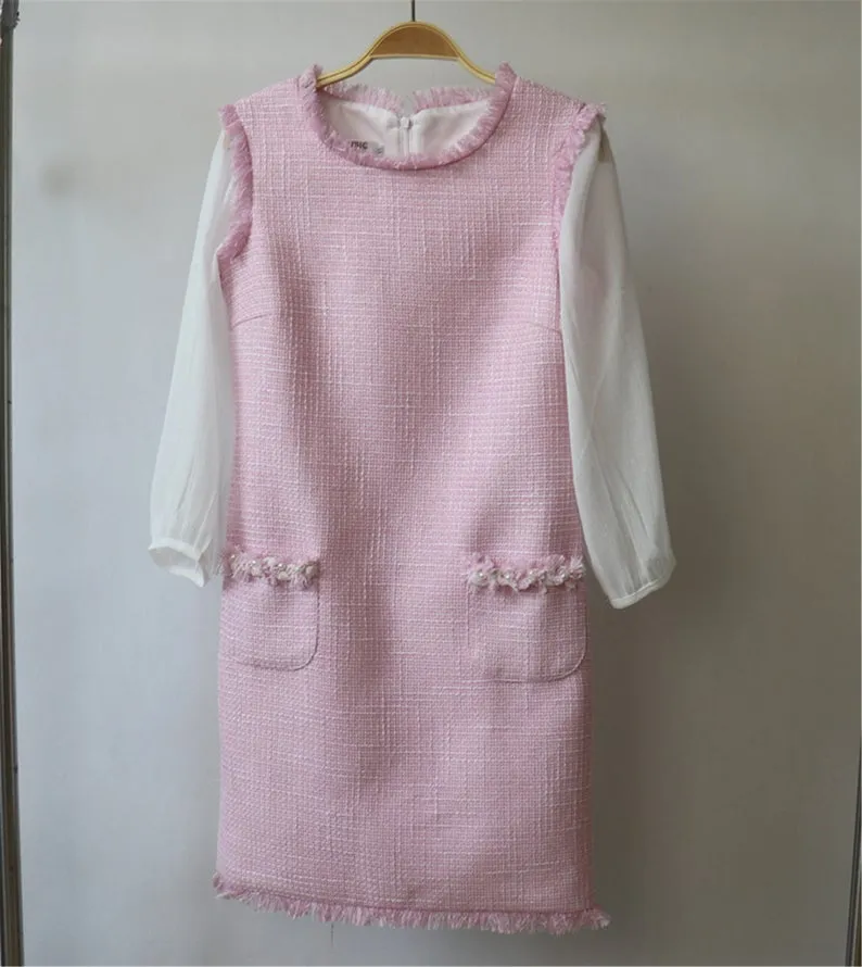 Women's Designer Inspired Custom Made Long Sleeves Tweed Dress Pink