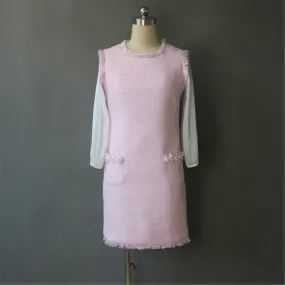 Women's Designer Inspired Custom Made Long Sleeves Tweed Dress Pink