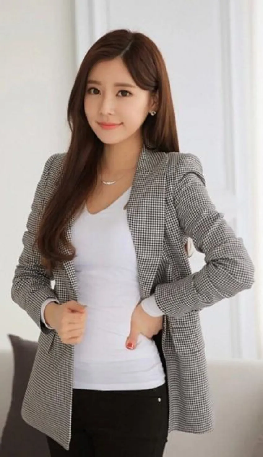 Womens Slim Fit Checkered Blazer