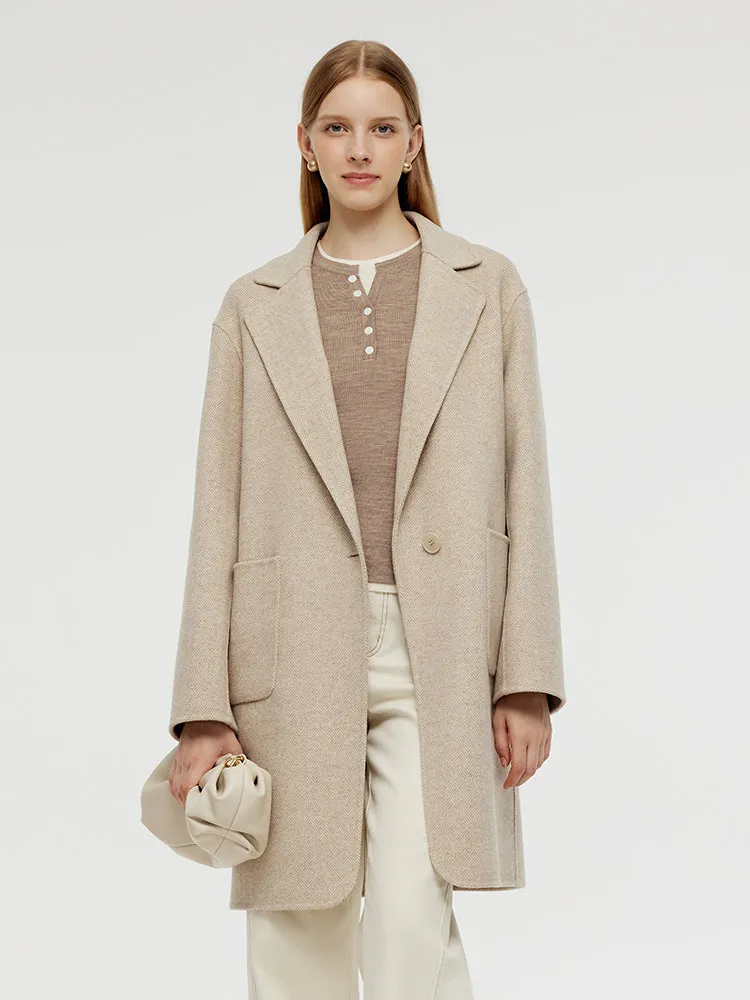 Wool Cashmere Herringbone Women Mid-Length Coat