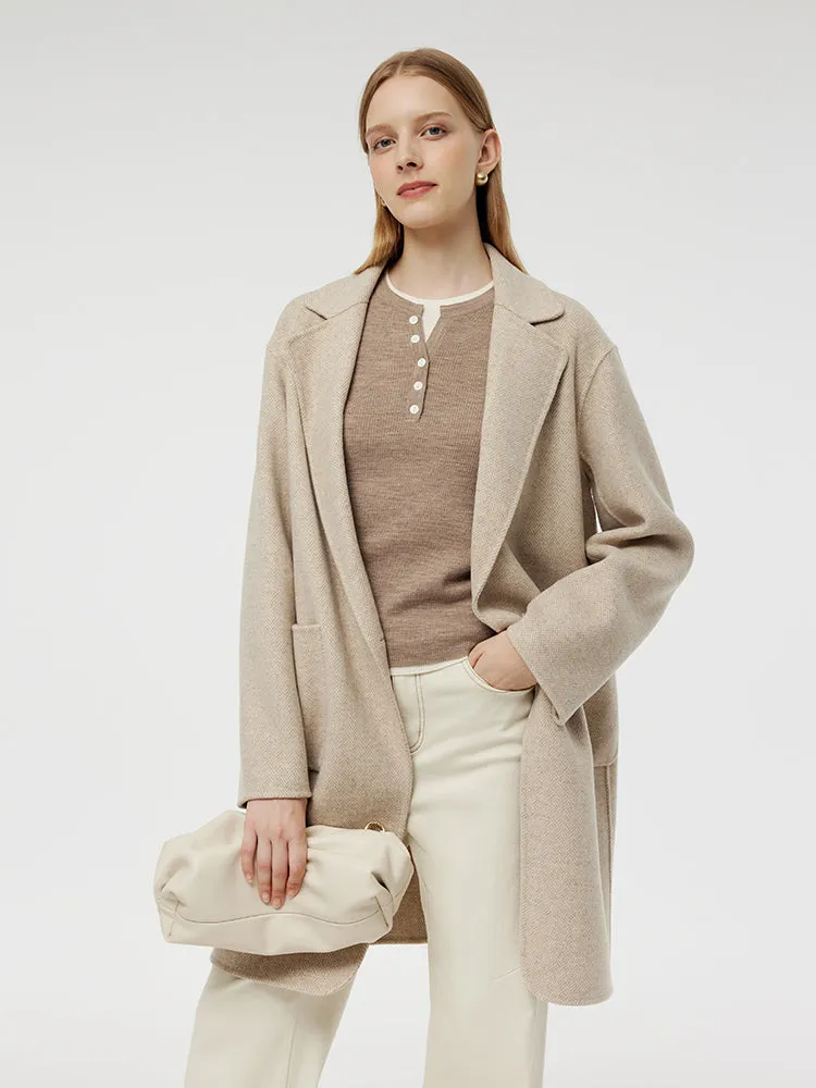 Wool Cashmere Herringbone Women Mid-Length Coat